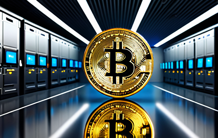 비트코인과 이더리움의 시장 점유율 비교 - Bitcoin as Digital Gold**
"A gleaming Bitcoin coin, rendered in gold, resting on a vault-like surfa...