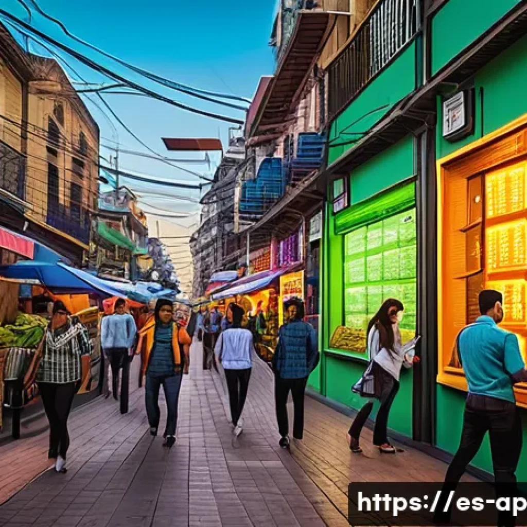 탈중앙화 기술이 경제에 미치는 영향 - A modern Latin American urban setting with diverse people using mobile phones and digital devices to...