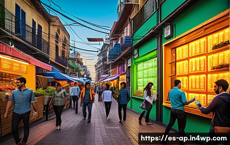 탈중앙화 기술이 경제에 미치는 영향 - A modern Latin American urban setting with diverse people using mobile phones and digital devices to...