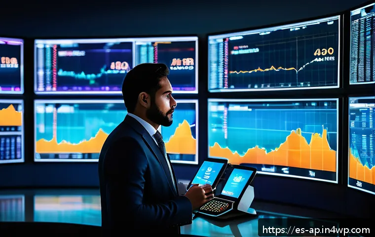 크립토 시장의 사이클과 경제학적 이해 - A futuristic financial trading floor in a modern Latin American city skyline at dusk, featuring dive...